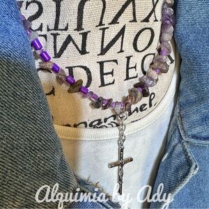 Amethyst silver cross maximalist puka necklace/chunky/statement